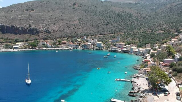 Aerial panorama view of the famous village Limeni in Lakonia, Greece
