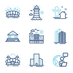 Buildings icons set. Included icon as New house, Lighthouse, Skyscraper buildings signs. Sports arena, Court building, Arena stadium symbols. Hotel, Buildings line icons. Line icons set. Vector