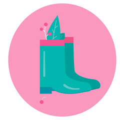 Green rubber boots with some plants on pink background. Vector illustration.