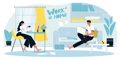 Fototapeta na wymiar Man woman family couple enjoy remote work, business training course at home office workplace landing page design layout. Convenient workspace. Self employed people, flexible schedule concept