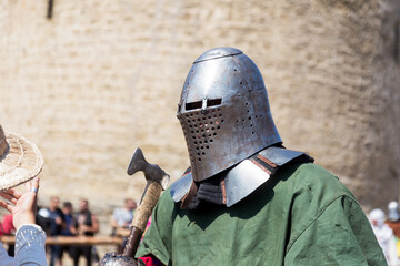 ODESSA, UKRAINE - JULY 20, 2019: Battle of the Knights with medieval weapons at the medieval...