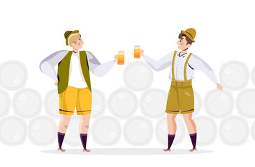 people in traditional clothes drinking beer celebrating Oktoberfest party friends having fun full length horizontal vector illustration