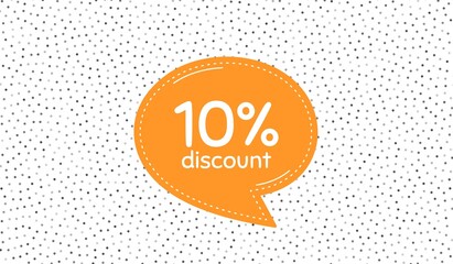 10% Discount. Orange speech bubble on polka dot pattern. Sale offer price sign. Special offer symbol. Dialogue or thought speech balloon on polka dot background. Vector