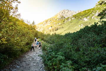 Fototapeta na wymiar People hiking on the trail in the mountains
