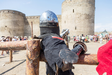 ODESSA, UKRAINE - JULY 20, 2019: Battle of the Knights with medieval weapons at the medieval...