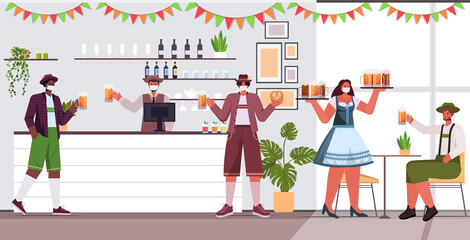people in masks drinking beer in pub Oktoberfest party celebration coronavirus quarantine concept modern bar interior horizontal full length vector illustration
