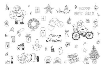 Winter Christmas objects hand drawn vector illustrations set with Santa Claus in line graphic.