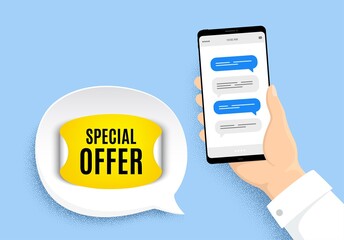 Special offer sticker. Hand holding phone with chat messages. Discount paper banner. Sale coupon tag icon. Special offer badge. Smartphone with chatting speech bubbles. Messenger conversation. Vector