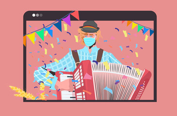 man in mask playing accordion Oktoberfest party festival celebration self isolation coronavirus pandemic concept web browser window portrait horizontal vector illustration