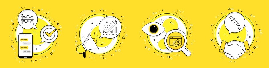 Edit statistics, Seo gear and Dot plot line icons set. Cell phone, megaphone and deal vector icons. Chemistry pipette sign. Seo manage, Settings, Presentation graph. Laboratory. Science set. Vector
