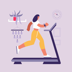 Fototapeta premium Cartoon active woman exercising on treadmill at home