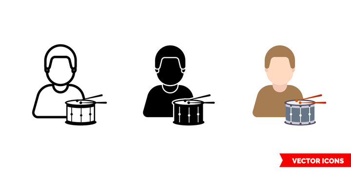 Drummer icon of 3 types color, black and white, outline. Isolated vector sign symbol.