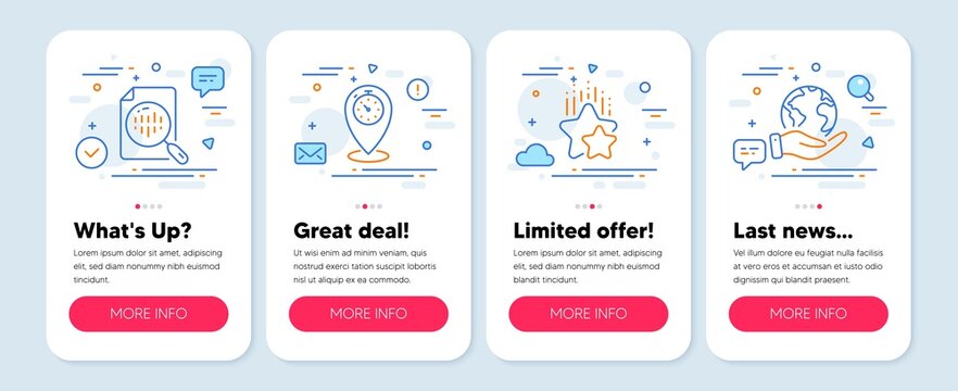 Set of Technology icons, such as Ranking stars, Timer, Analytics chart symbols. Mobile app mockup banners. Save planet line icons. Winner award, Location pointer, Report analysis. Outsourcing. Vector