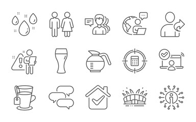 Talk bubble, Online access and Beer glass line icons set. Restroom, Refer friend and Rainy weather signs. People, Info and Calculator target symbols. Tea, Arena stadium and Coffeepot. Vector