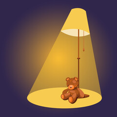 Old teddy bear sit on the floor under the lamp. Old toy. Vector illustration.