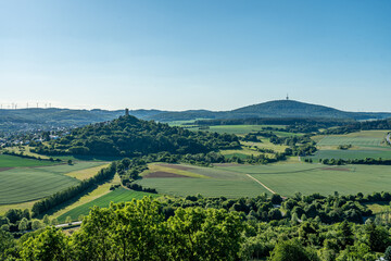 view on castle ruin vetzberg and the duensberg mountain from the medieval castle ruin gleiberg near giessen, hesse, germany