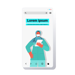 female arab doctor wearing mask to prevent coronavirus pandemic online medical consultation concept smartphone screen copy space portrait vector illustration