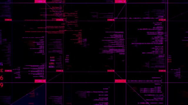 Concept of worldwide global internet. Animation. Abstract blocks with changing numbers and running lines of computer code on black bacground, seamless loop.