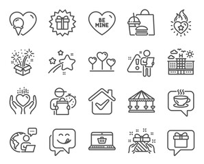 Holidays icons set. Included icon as Surprise gift, Yummy smile, Gift signs. Love heart, Ice cream, Online shopping symbols. Carousels, Hold heart, Hotel. Wish list, Be mine, Coffee. Vector