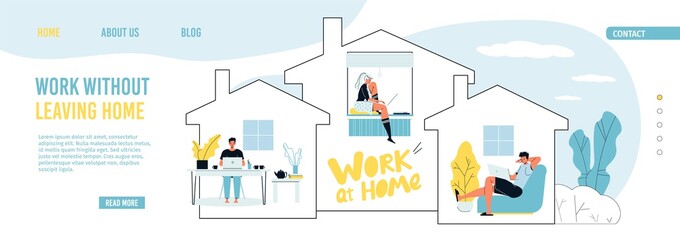 Remote work, freelance occupation. Stay home under protect to avoid infection, to prevent virus spread. People coworking from laptop sitting at house keeping distance. Landing page design