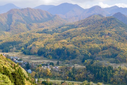 Mountains surrounding a small town in Yamadera Japan