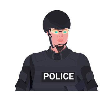 policeman in full tactical gear riot police officer holding baton protesters and demonstration riots mass control concept portrait vector illustration