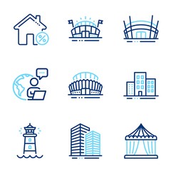 Buildings icons set. Included icon as Sports arena, Arena stadium, Skyscraper buildings signs. Lighthouse, Loan house, Sports stadium symbols. Buildings, Circus tent line icons. Line icons set. Vector