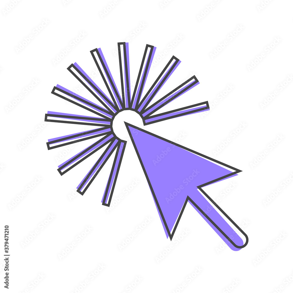 Poster arrow, the cursor pointing to the point. the cursor clicks cartoon style on white isolated backgroun