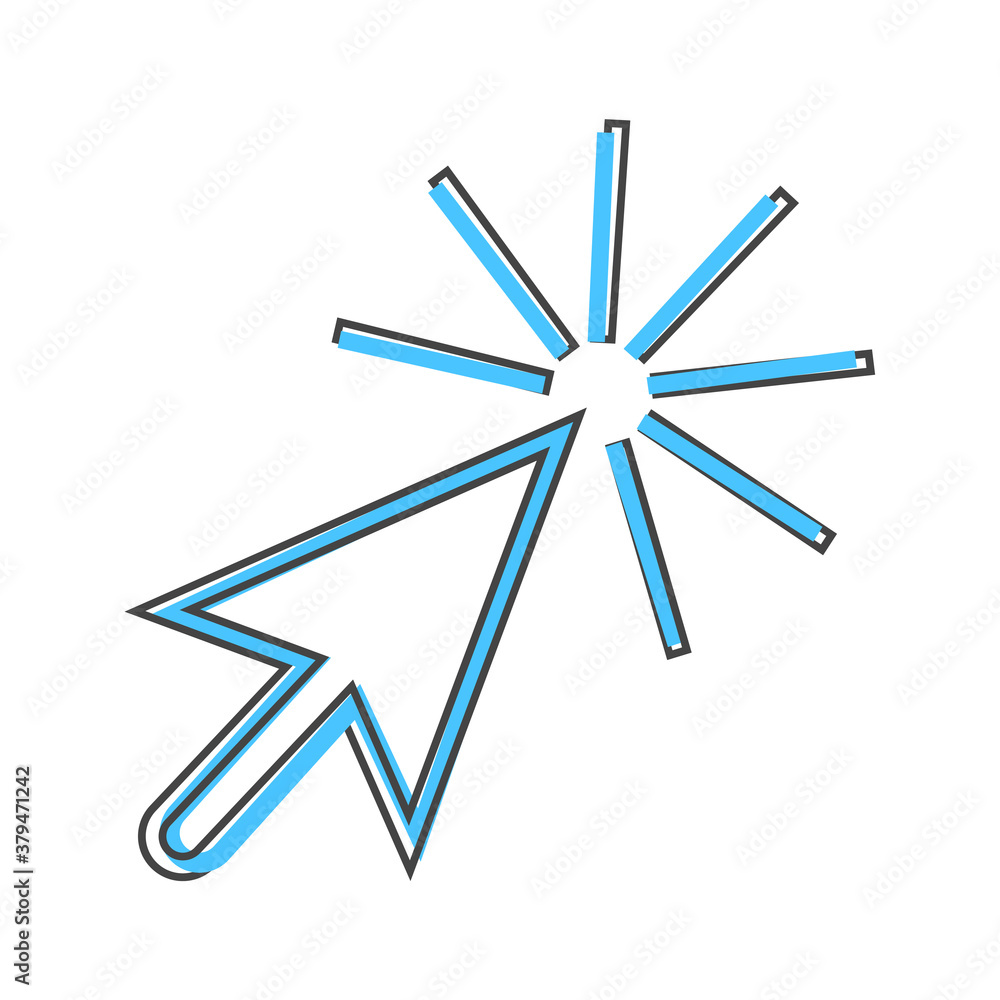 Poster arrow, the cursor pointing to the point. the cursor clicks cartoon style on white isolated backgroun