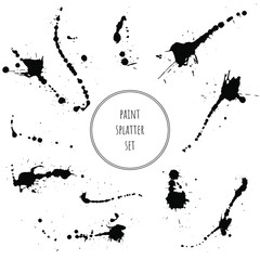 Paint splatter vector set. Grunge ink brush strokes and splashes. Abstract black paint stains texture. Drip and drop silhouette isolated on white background.