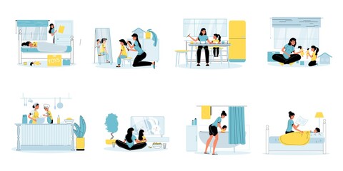Mother daughter day spending. Parent child pastime. Mom waking up, doing hair, bathing, putting into bed kid. Mum girl eating, playing, cooking, watching tv together Family activity scene set