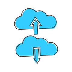 Cloud Download. Vector illustration of upload and download documents, information into the cloud cartoon style on white isolated background.