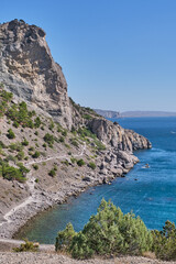 Golitsyn trail off coast of Blue Bay. Mountain trail cut on slope of Mount Koba-Kaya. Tourist route near Novy Svet, Crimea