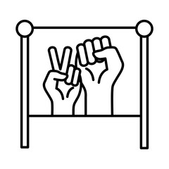 raised fist and love peace hand in banner board line style icon design, Manifestation human rights and protest theme Vector illustration