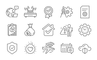 Time management, Cloud protection and Wifi line icons set. Approved award, Travel calendar and Cogwheel dividers signs. Cash, Love and Report symbols. Line icons set. Vector