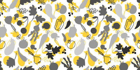 Seamless pattern with drawn vegetables. Autumn harvest. Vegetarian healthy food vector texture. Bright silhouettes of vegetables and fruits on a white background