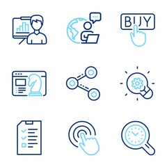 Technology icons set. Included icon as Presentation board, Seo strategy, Time management signs. Click, Share, Buying symbols. Innovation, Interview line icons. Growth chart, Chess knight. Vector