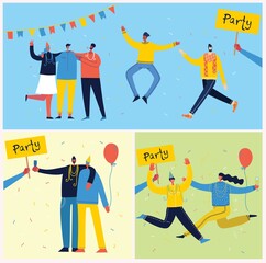 Vector cartoon illustration of Happy group of people celebrating, jumping on the party. The concept of friendship, healthy lifestyle, success, celebrating, party.