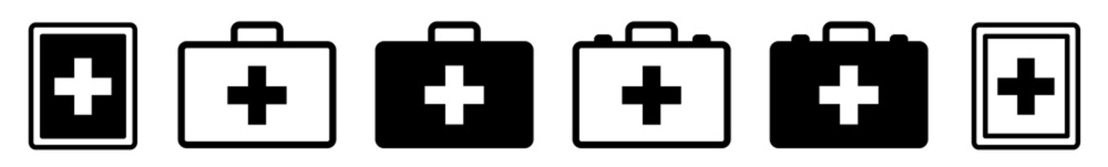 First Aid Kit Icon Black | Emergency Box Illustration | Medical Help Symbol | Paramedic Bag Logo | Cross Sign | Isolated | Variations