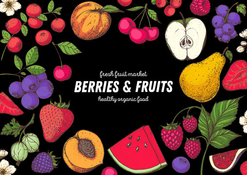 Berries and fruits drawing collection. Hand drawn berry. Vector illustration. Strawberry, apple, watermelon, blueberry, cranberry, raspberry, peach, cherry, pear, gooseberry illustration.