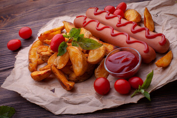 Delicious sausages with fried potatoes and ketchup on a wooden table