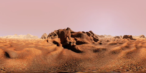 Fototapeta na wymiar landscape of planet Mars, 8K HDRI map, spherical panorama background, light source environment (3d equirectangular render)