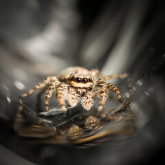 jumping wolf spider close up view sitting on glas ground