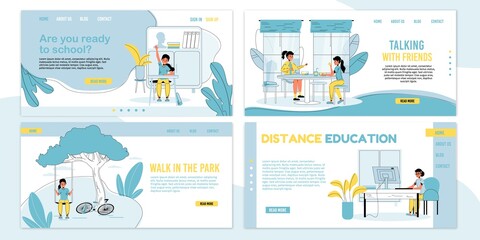 Children school, break pastime schedule, rest time spending. Kid preparation for lesson, healthy eating, friend communication, everyday walking on fresh air, distance education. Landing page set