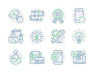 Business icons set. Included icon as Idea, Recovery phone, Winner ribbon signs. Vacancy, Ab testing, Fireworks explosion symbols. Share, Survey progress, Chemistry lab. 5g phone. Vector