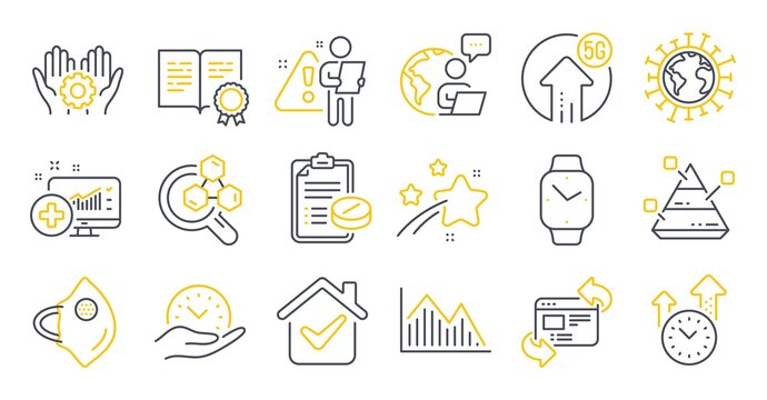 Set of Science icons, such as Chemistry lab, Coronavirus, Safe time symbols. Medical mask, 5g upload, Pyramid chart signs. Medical analytics, Employee hand, Certificate. Refresh website. Vector