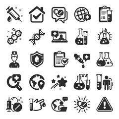 Medical healthcare, doctor icons. Drug testing, scientific discovery and disease prevention signs. Chemical formula, medical doctor research, chemistry testing lab icons. Flat icon set. Vector