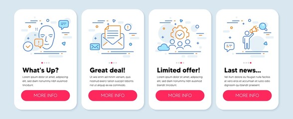 Set of Business icons, such as Mail correspondence, Teamwork, Face attention symbols. Mobile screen banners. Brand ambassador line icons. E-mail newsletter, Workflow, Exclamation mark. Vector