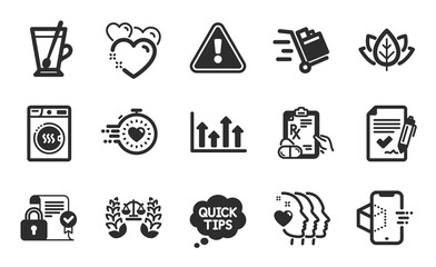 Push cart, Upper arrows and Augmented reality icons simple set. Dryer machine, Quick tips and Tea mug signs. Heart, Timer and Organic tested symbols. Flat icons set. Vector