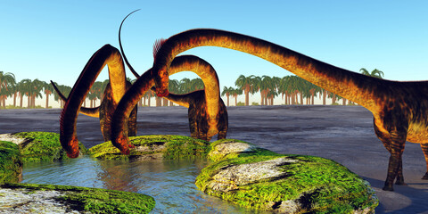 Dinosaur Drinking Spring - A herd of Barosaurus dinosaurs find a luscious water spring to quench their thirst during the Jurassic Period. © Catmando